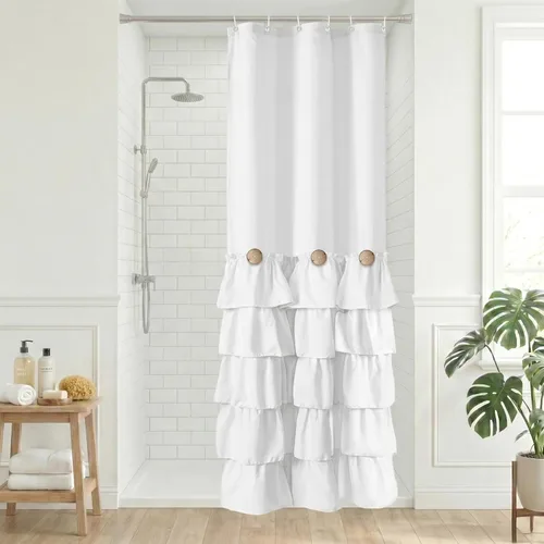 Miniatura 23 de Cortina de ducha Seasonwood de tela blanca con volantes, cortina de ducha estilo granja, cortinas de ducha de 72 x 84 pulgadas con botones y Blanco