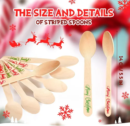 Miniatura 3 de Hoolerry 100 piezas de cucharas de madera desechables para Navidad 5.5'' de cocoa caliente, chocolate, bastón de caramelo, cucharas de degustación