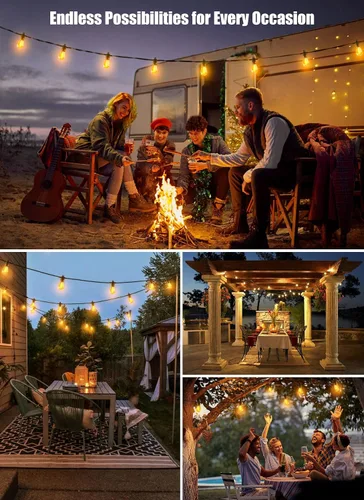 Miniatura 7 de Minetom Tira de luces solares de 34 pies para exteriores con control remoto, luces de patio con 10 bombillas LED inastillables y ganchos, enchufe