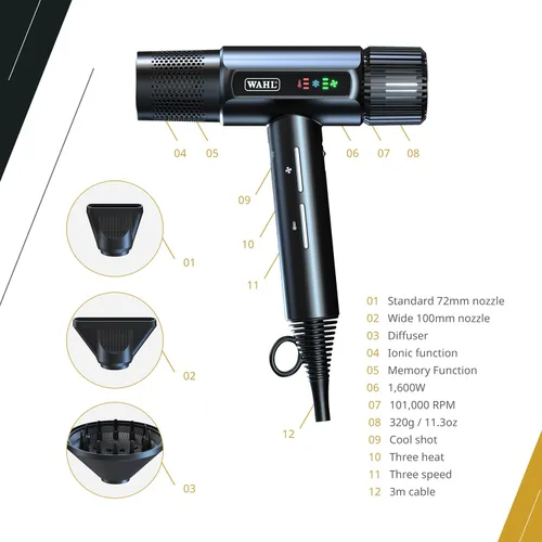 Miniatura 4 de Wahl Professional Vanquish - Secador de pelo, flujo de aire controlado, motor SmoothTone, 4 ajustes de calor y 3 velocidades, función de limpieza