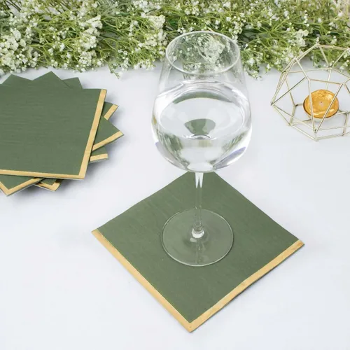 Miniatura 2 de Efavormart 50 Pack Servilletas de papel para fiestas de 2 capas suaves verde oliva con borde dorado de oro, servilletas para cenas, cócteles