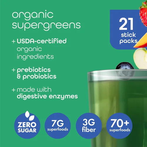 Miniatura 2 de Zena Nutrition Paquete variado de polvo orgánico Super Greens, más de 70 superalimentos, 0 azúcar, 3G de fibra, espirulina, clorella, antioxidantes