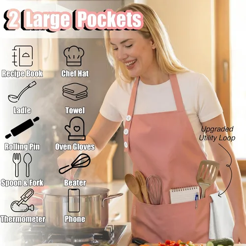 Miniatura 2 de TOSHE Delantal de cocina de algodón resistente a las gotas de agua con delantales ajustables para mujer con bolsillos, 10 opciones de color, Rosa