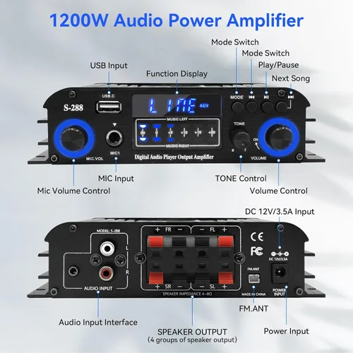 Miniatura 4 de Receptores estéreo de 4 canales, amplificador de audio para el hogar Bluetooth 5.0, RMS 50Wx4 Máx 1200W amplificador de potencia HiFi, USB/SD/FM