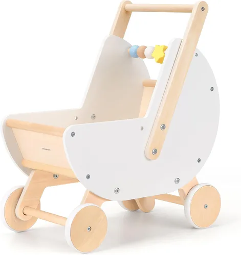 Miniatura 9 de Pillowhale Andador de madera y cochecito de muñeca – Carro de empuje con mango ajustable, antipunta, ruedas silenciosas, carrito de compras