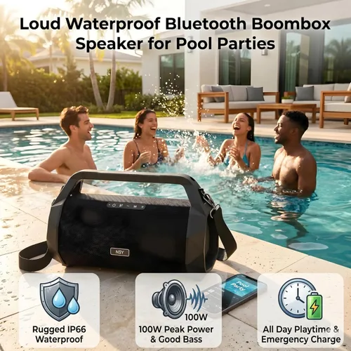 Miniatura 4 de Boombox para exteriores de 120 W, altavoz Bluetooth portátil impermeable con TWS, graves fuertes, correa y mango incorporados, tiempo