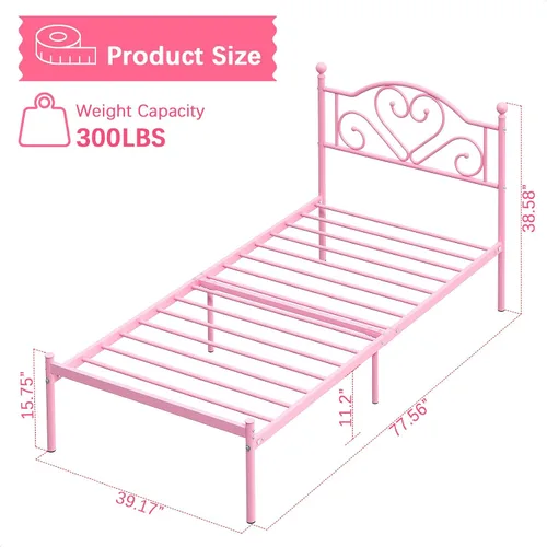 Miniatura 2 de Weehom Base de cama individual con cabecero, plataforma de metal resistente debajo de la cama, espacio de almacenamiento fácil de montar para niños