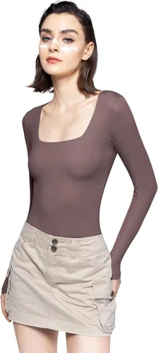 Miniatura 32 de PUMIEY Body sexy de manga larga con cuello cuadrado para mujer, colección Smoke Cloud