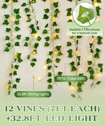Miniatura 6 de KASZOO Paquete de 12 guirnaldas de hiedra artificial de 84 pies, plantas falsas, guirnalda colgante de vid con certificación CE, 80 luces de cadena