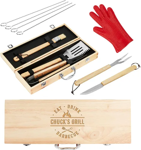Miniatura 13 de Juego de parrilla BBQ de 11 piezas con caja de madera de arce grabada, herramientas de barbacoa de acero inoxidable premium con mangos de madera