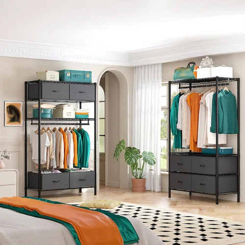 Miniatura 3 de Raybee Perchero con 4 cajones y estantes, perchero resistente para colgar ropa, portátil, resistente y duradero, negro