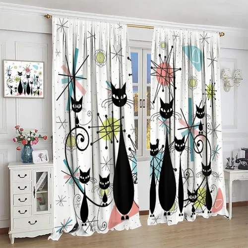 Miniatura 4 de Cortinas de estilo de mediados de siglo, diseño geométrico abstracto moderno, diseño retro, estampado de gato negro, para dormitorio, sala de estar