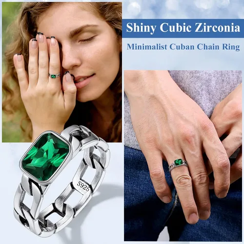 Miniatura 3 de Silvora Anillo de cadena de eslabones cubanos con circonita de plata de ley, regalo de compromiso de boda con embalaje delicado