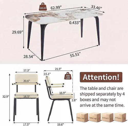 Miniatura 2 de Modern Dining Table Set for 4,50" Sintered Stone Table Set for 4,Marble Dining Table Set of 4 with Upholstered Chair,5 Piece Rectangular Dining Room