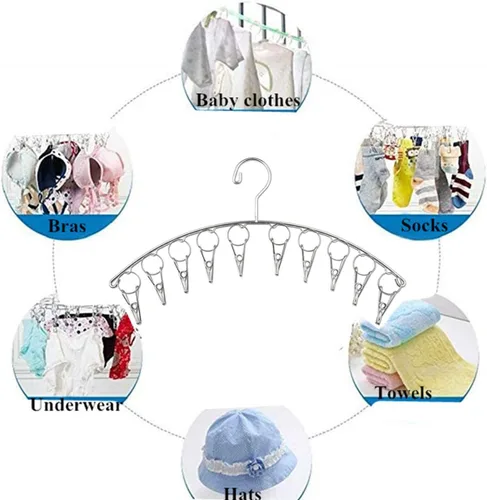 Miniatura 5 de Percha de secado de ropa de acero inoxidable fuerte con 10 pinzas para la ropa, ahorro de espacio para interiores, organizador de ropa, manoplas