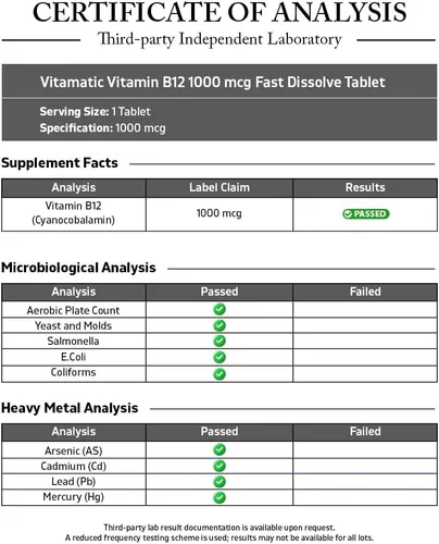 Miniatura 3 de Vitamatic Vitamina B12 1000 mcg Comprimidos de disolución rápida – Sabor natural a bayas – 365 tabletas por botella - 2 botellas – Apoya