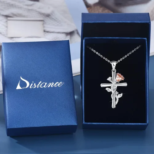 Miniatura 6 de Distance S925 Sterling Silver Rose Flower Necklace, Rose Bracelet, Two-Tone Cross Pendant Necklaces for Women Girls Gift for Valentine Birthday