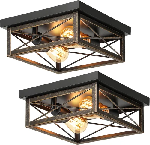 Miniatura 8 de Lámpara de techo de bronce cepillado para pasillo, lámpara de techo industrial de granja de montaje empotrado de 2 luces, lámpara de cocina de metal