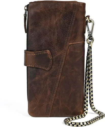 Miniatura 81 de Genuino Caballo Loco Cuero Regalo de Viaje Moneda Bolsillo Tarjetero Organizador Largo Cadena Rfid Cartera Monedero Con Broche Para Hombres Hombres