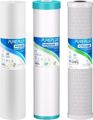 Miniatura 19 de PUREPLUS Kit combinado de cartucho de filtro de agua de 3 etapas para toda la casa de 4.5 x 20 pulgadas con sedimento, KDF y carbón activado