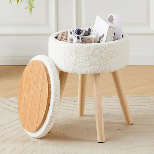 Otomana de Almacenamiento Taburete, Taburete de Tocador Redondo de Terciopelo Teddy, Taburete con Bandeja Superior y Patas de Madera, Otomana