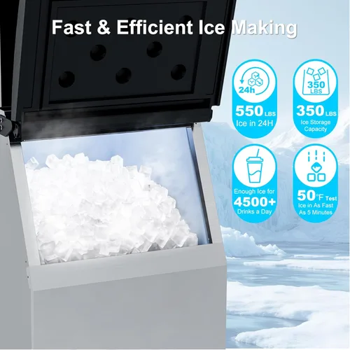 Miniatura 3 de COTLIN Máquina de hielo comercial, 550 libras/24 horas con almacenamiento de 350 libras, máquina de hielo comercial con autolimpieza, lista