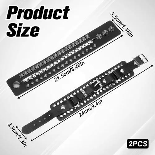 Miniatura 2 de Apausvcm 2 pulseras de piel sintética para hombres y mujeres, estilo vintage de los años 80, pulsera gótica ajustable negra con tachuelas