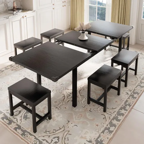 Miniatura 2 de Feonase Juego de mesa de comedor de 5 piezas para 4-8 personas, juego de mesa de cocina grande extensible de 63 pulgadas con 2 bancos y 2 taburetes