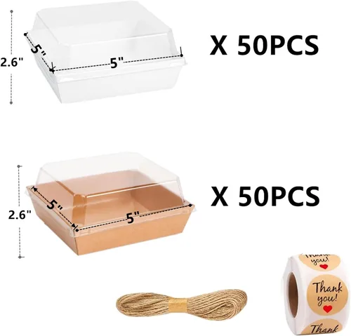 Miniatura 2 de Paquete de 100 cajas de charcutería con tapas transparentes, recipientes desechables para postres de panadería, cajas para llevar con cordel