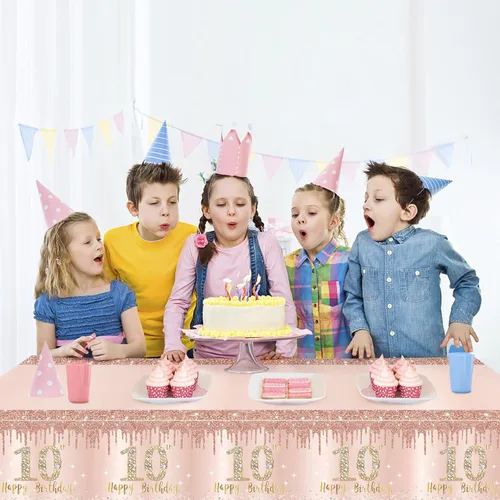Miniatura 5 de Paquete de 3 Decoraciones de Décimo Cumpleaños para Niñas - Mantel de Mesa Rosa Dorado con Tema Happy Ten, Suministros para Fiestas - Mantel