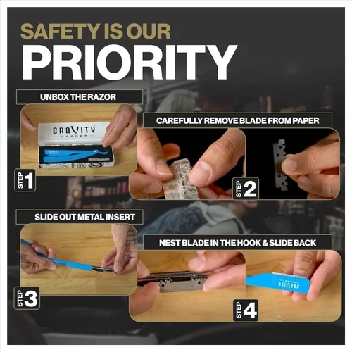 Miniatura 7 de Kit de cuchilla de afeitar recta profesional GRAVITY RAZORS – Ultra Exposición, incluye 10 cuchillas premium, 2mm expuestas, color oro y negro
