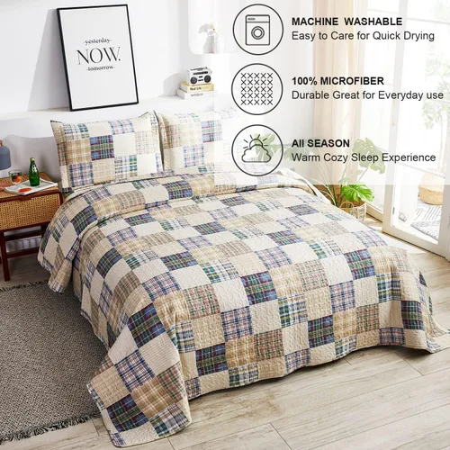 Miniatura 2 de Juego de colcha a cuadros Ycosy, color beige, tamaño king, ropa de cama de retazos, colcha reversible, colcha a cuadros, colcha ligera, suave, juego