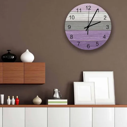 Miniatura 2 de Reloj de pared de madera púrpura de 12 pulgadas, silencioso, sin tictac, reloj de pared redondo, estilo campestre vintage, rayas grises y moradas