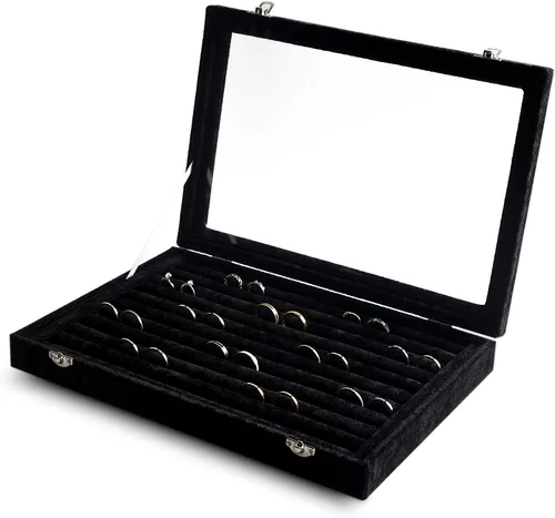 Frebeauty Bandeja organizadora de anillos y aretes con tapa transparente, 10 ranuras de terciopelo, caja de almacenamiento de joyas con tapa de