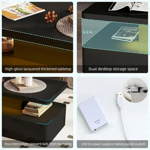 Miniatura 4 de AHB Mesas de centro contemporáneas para sala de estar, mesa de centro LED con esquina redondeada en 16 colores, mesa de 2 niveles de alto brillo