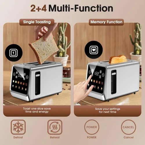 Miniatura 6 de Tostadora de pantalla táctil de 2 rebanadas, tostadoras digitales inteligentes de acero inoxidable con tostada de una sola ranura, función
