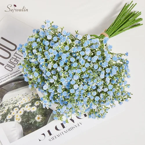 Miniatura 4 de Serwalin 33 flores artificiales de aliento de bebé, flores falsas azules de tacto real para ramos de boda, centros de mesa, gypsophila sintética