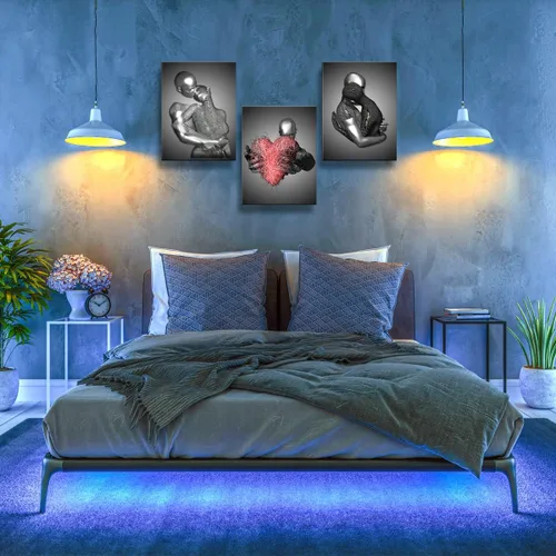 Miniatura 4 de 3 piezas enmarcadas de arte de pared 3D de corazón de amor, escultura de metal, romántica pareja, impresiones de arte abstracto, pósteres