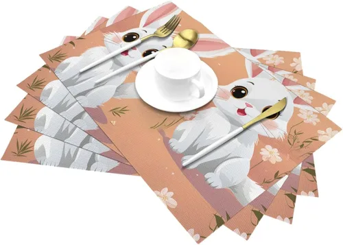 Miniatura 6 de 6 PCS PVC Placemats Set Place Mats Cute White Bunnies Non-Slip Weave Place Mats 12" x 18" Farmhouse Table Mat Set for Family Dinners Wedding Parties