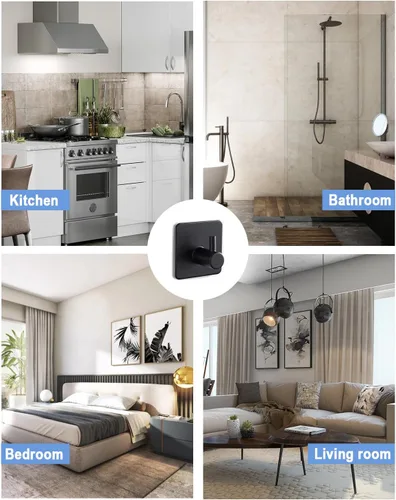 Miniatura 6 de Paquete de 4 ganchos adhesivos, gancho negro para toallas para baños, gancho de pared de acero inoxidable resistente, gancho impermeable para colgar