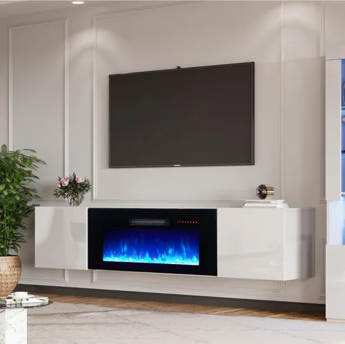 Miniatura 16 de AMERLIFE Soporte de TV Flotante con Chimenea Eléctrica de 36 Pulgadas, Centro de Entretenimiento de Chimenea Montado en la Pared con Acabado de Alto