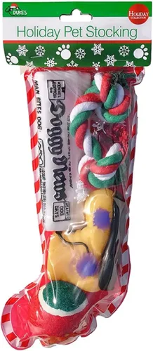 Calcetín de Navidad para perros. Juguete de periódico chirriante, juguete de bota chirriante, una pelota de tenis roja, verde y blanca y una cuerda