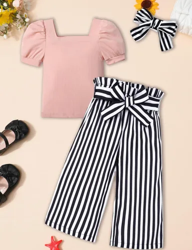 Miniatura 33 de DONWEN Conjunto de 3 piezas de ropa para niñas pequeñas y niñas con cuello cuadrado + pantalones elegantes + diadema para primavera y verano