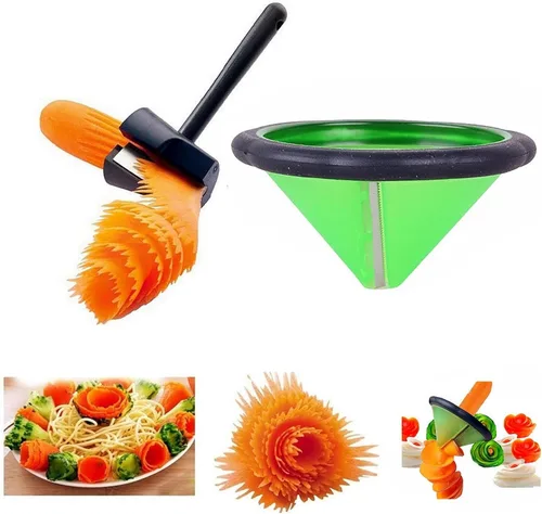 Rodillo de flores de embudo en espiral 2 en 1, rallador de zanahoria y rodillos de flores, cortador de galletas de zanahoria, utensilios de cocina