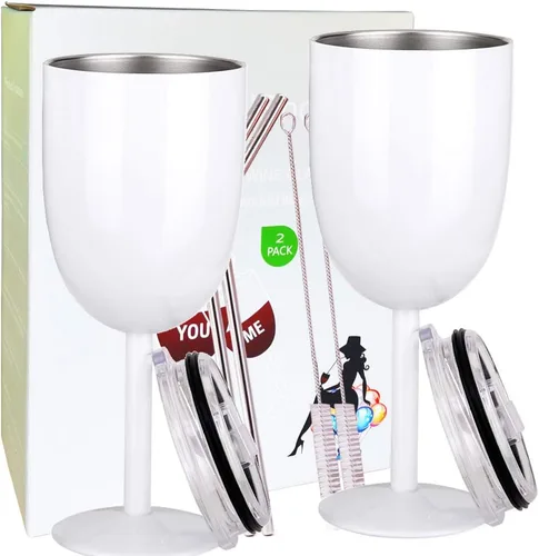 AMZUShome Copas de vino de acero inoxidable (paquete de 2). Vaso de vino de doble pared aislado al vacío con tapa y pajita. Amistad, Navidad, Blanco