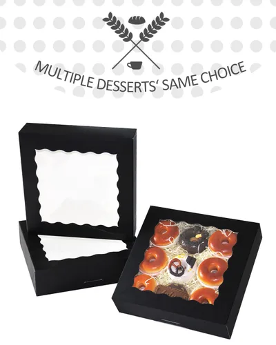 Miniatura 2 de qiqee Cajas para pasteles negras con ventana autodesplegables de 10x10x2,5 pulgadas, paquete de 30 unidades, cajas para galletas, donuts