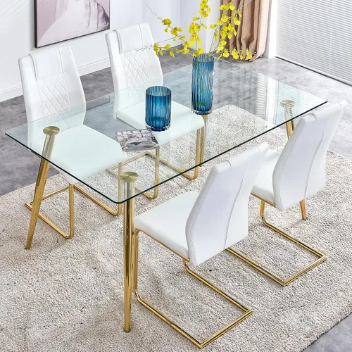 Miniatura 17 de Juego de mesa de comedor en blanco y negro de 51 pulgadas para 4, mesa de cristal minimalista moderna y 4 sillas tapizadas de piel sintética