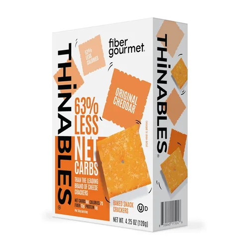 Fiber Gourmet Thinables - Galletas de queso horneado saludables bajas en carbohidratos netos, sabor cheddar real, alto en fibra, 70 calorías, 0.25