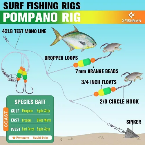 Miniatura 2 de Aparejos Pompano para Pesca de Surf en Agua Salada con Gancho de Doble Círculo y Espacio Amplio - Juego de 6 Accesorios de Pesca de Surf Paquete