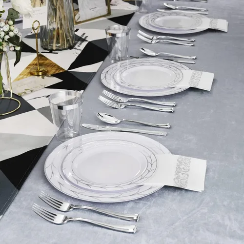 Miniatura 7 de COLOSUS Juego de 175 platos desechables de plástico y cubiertos de Año Nuevo, incluye 25 platos llanos, 25 platos de postre, 25 tazas, 25 Plateado